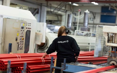 Production of Protectline cable protection at Pipelife's factory in Surnadal, Norway.