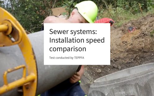 Installation video comparing speed and efficiency of installing a concrete and plastic sewer system.