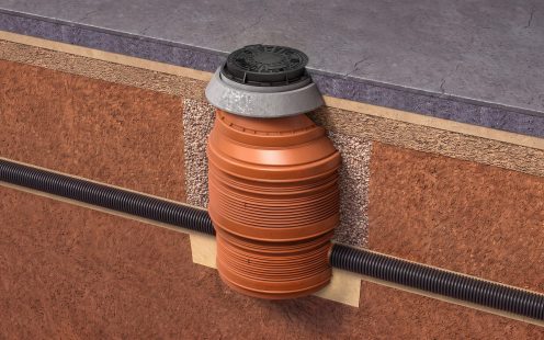 A 3D visualization of a Pipelife PRO manhole and cover installed.